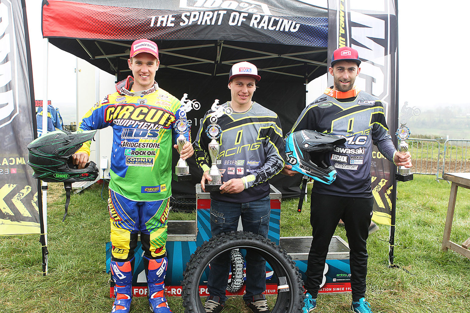 MX2 podium with left to right, Josh Waterman(2nd), Luke Dean, winner and Lewis King(3rd)